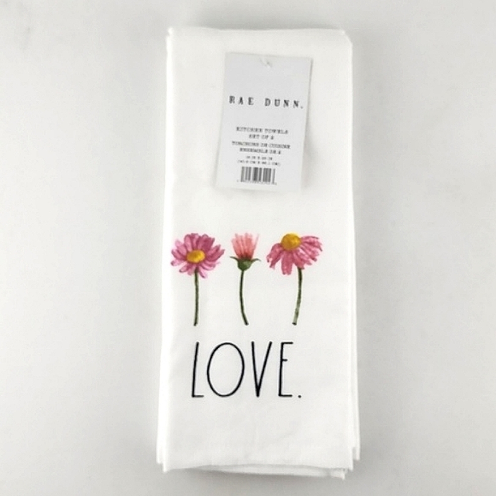NWT Rae Dunn Set of Two Kitchen Towel 100% Cotton Artisan Collection Flower LOVE